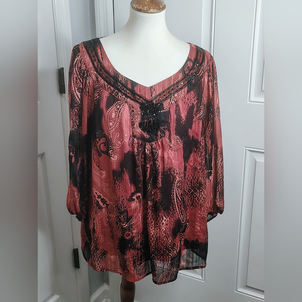 Sara Michelle Red Asymmetrical 3/4 Sleeve Tunic